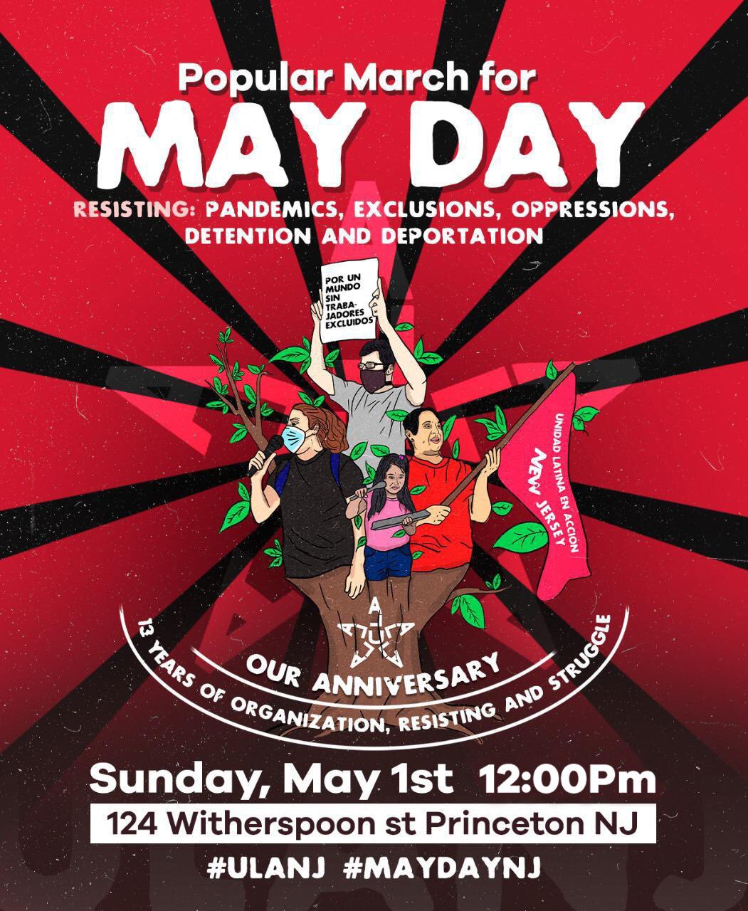 Flyer for Unidad Latina en Acción’s May Day Rally with images of workers wearing masks and holding signs in the center. Text from top: ‘MAY DAY. Resistiendo: Pandemias, exclusión, opresión, invasión, detención y deportación. 13 años de lucha, resistencia y organización. May Day March in NJ, Domingo 1ro de Mayo 12:00pm. 124 Witherspoon St, Princeton, NJ. #ULANJ #MAYDAYNJ